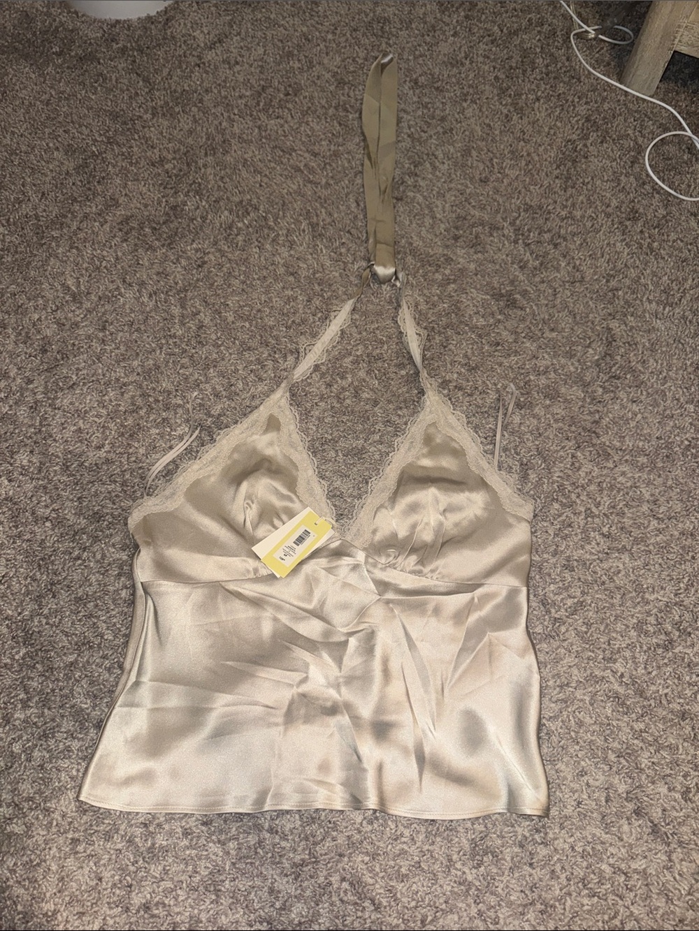 Aritzia Satin Lace Trim Halter Cami - Beige
